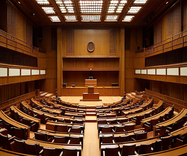 Interior view of the Japanese Diet parliamentary chamber showing formal seating arrangements and podium, representing legislative questioning and governmental accountability