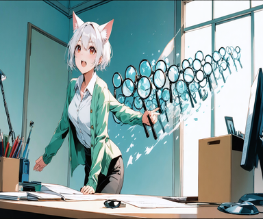 円卓の上の大きなゼリーのような塊を、スーツ姿の小さなキャラクターたちが虫眼鏡で調べながら、どこを重く見るべきか迷っている様子。