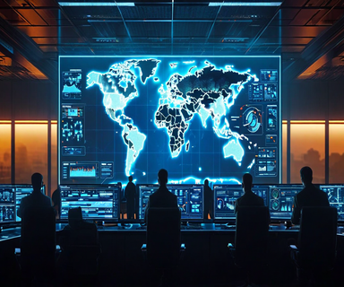 Military command center with illuminated world map showing Middle East region, silhouettes of officials monitoring strategic displays in dramatic blue lighting