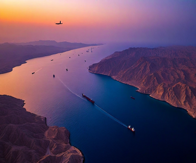 Aerial view of the Strait of Hormuz at sunset showing the narrow waterway between Iran and the Arabian Peninsula, with ships traversing the strategic chokepoint and mountains flanking both sides