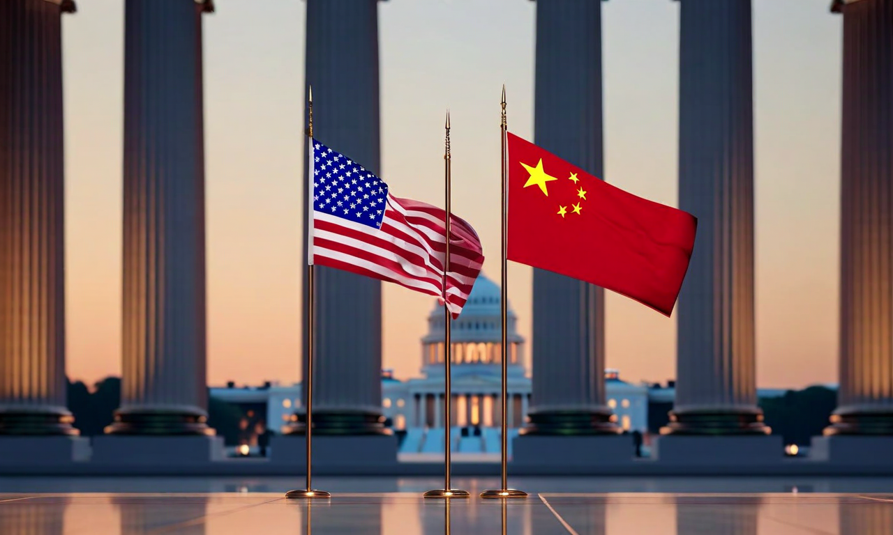 American and Chinese flags displayed side by side representing the U.S.-China presidential summit, with architectural elements from both nations subtly visible in the background