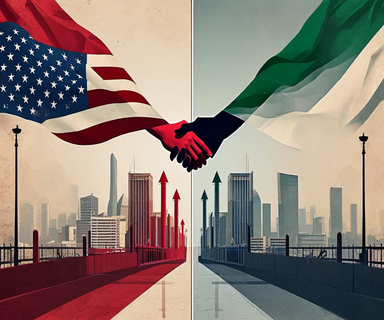 Split composition illustration showing contrasting diplomatic positions between the United States and Iran, with symbolic elements representing engagement on one side and rejection on the other, separated by a central divide with disconnected diplomatic symbols