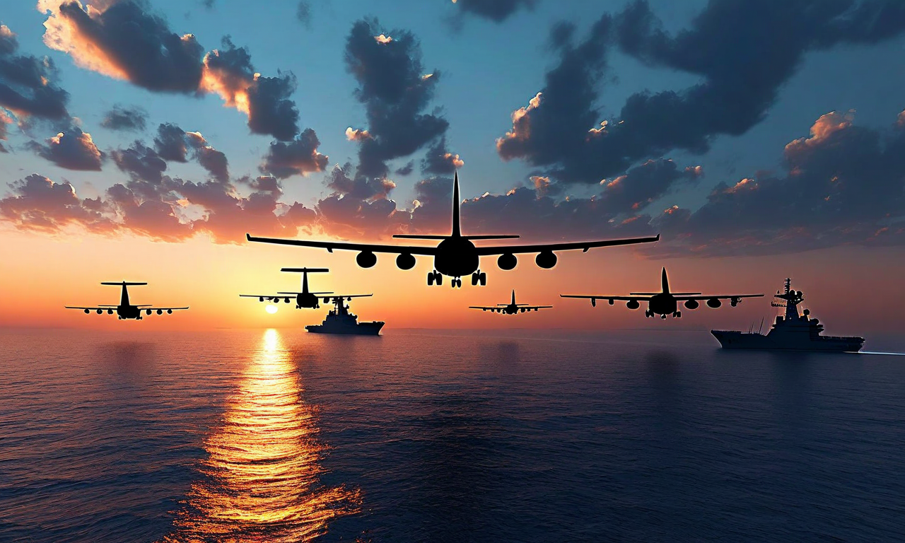 Military transport aircraft silhouettes flying over the Persian Gulf at sunset with naval vessels on the horizon, depicting rapid military deployment operations