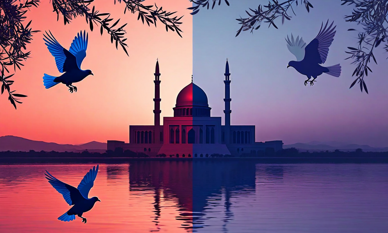 Diplomatic illustration showing two opposing architectural silhouettes facing each other across calm waters with peace symbols, representing US-Iran ceasefire agreement and upcoming negotiations