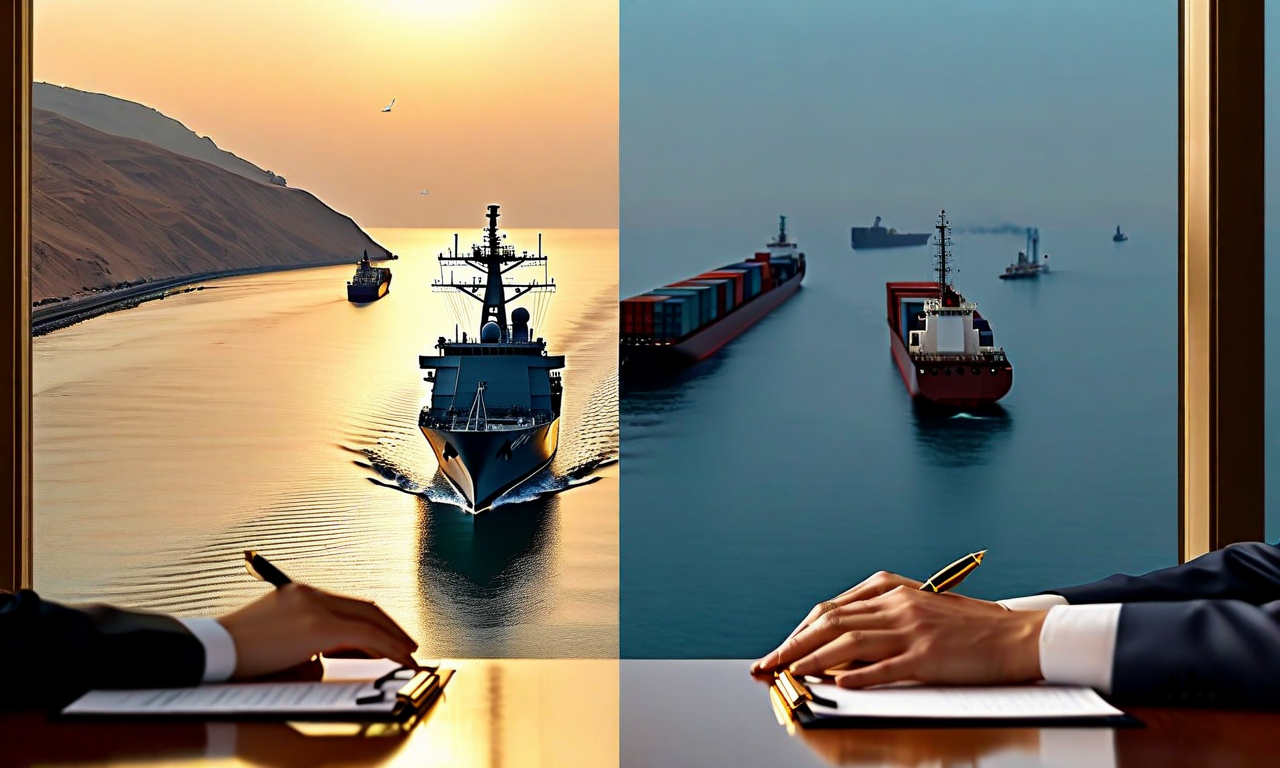 Split composition showing the Strait of Hormuz with ships navigating strategic waters alongside diplomatic hands reaching across a negotiation table, representing U.S.-Iran maritime security talks