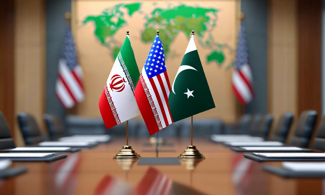Three national flags of the United States, Iran, and Pakistan arranged on a conference table, symbolizing Pakistan's role as mediator in diplomatic negotiations between the US and Iran