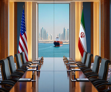 A diplomatic composition showing converging paths leading to a negotiation table, with contrasting architectural elements representing Western and Middle Eastern influences, and a strategic waterway in the background symbolizing the Strait of Hormuz