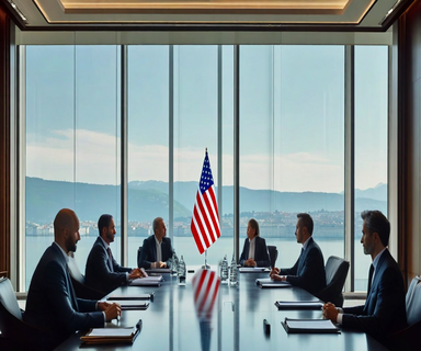 Diplomatic meeting room in Geneva showing American and Iranian negotiators seated across a conference table with national flags, representing bilateral talks following the memorandum of understanding