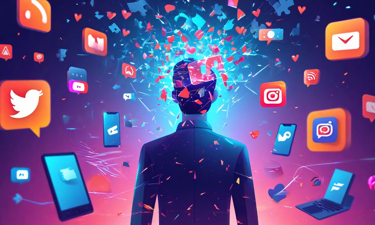 知識労働者が複数のデバイスからのソーシャルメディア通知に囲まれている抽象的なビジュアル。スマートフォン、タブレット、ノートパソコンから発せられる通知バッジやアラート記号が放射状に広がり、時間が断片化されたガラスのように砕けている様子を表現。デジタルパーティクルと通知アイコンが混在し、注意力の分散と認知的過負荷を視覚化している。