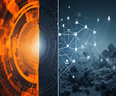 Abstract visualization showing earthquake seismic waves on the left transitioning into an interconnected network of infrastructure systems breaking apart on the right, representing cascading disaster impacts