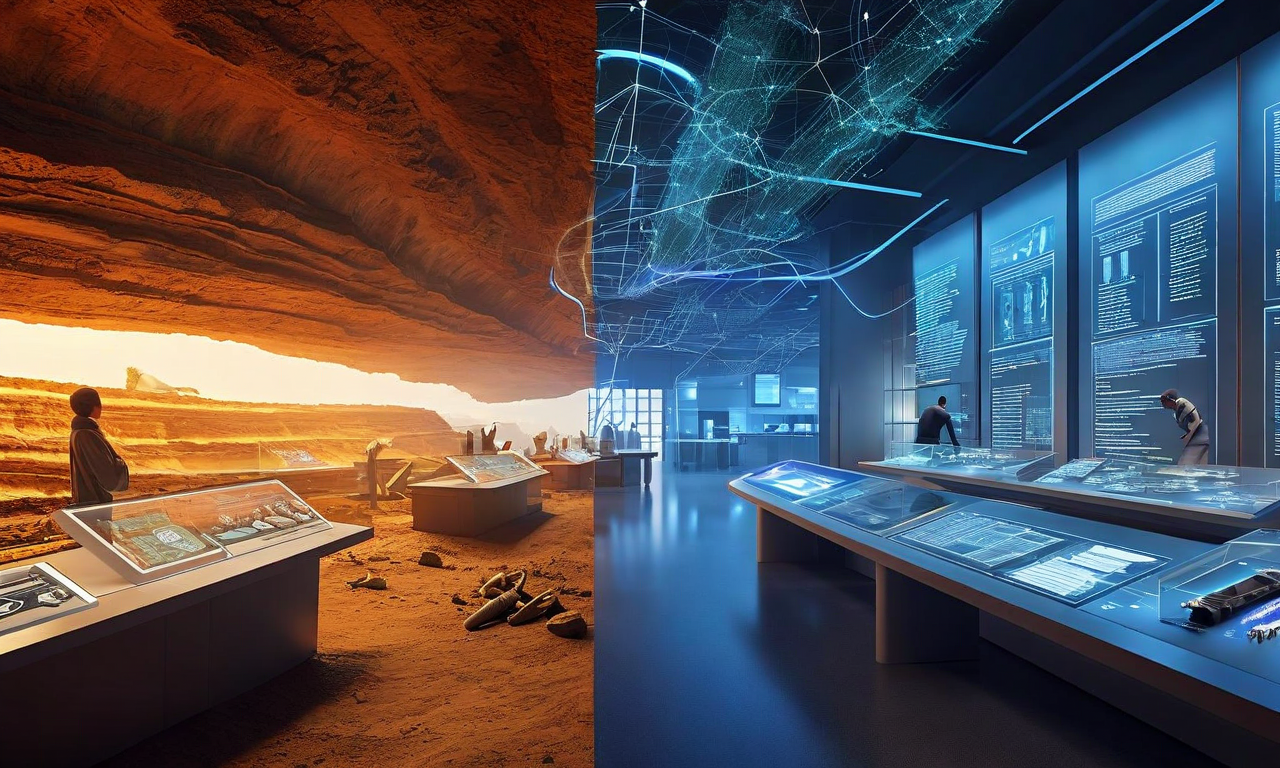 考古学的発見から現代の学術研究へと知識が流れ込む様子を表現したビジュアル。左側には発掘地層から浮かび上がる古代遺物と発掘道具が温かい琥珀色の光に照らされており、右側には青い光に包まれた現代的な研究施設と教育スペースが広がっている。中央には過去と現在を結ぶ光の流れとデータストリームが描かれ、文化遺産保護、学術的協働、コミュニティ教育の要素が統合されている。