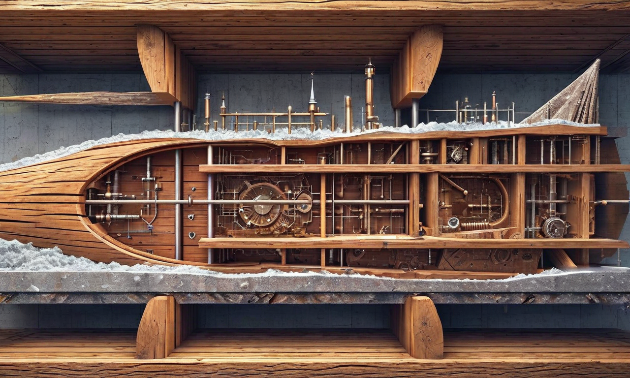 中世木造船舶の保存における技術的課題を示す図解。木材の劣化パターン、塩分による腐食、構造的脆弱性を視覚化し、保存施設の湿度・温度管理システム、保護バリア、保存技術装置を表現。木材表面の塩結晶沈着と構造補強技術も含む。