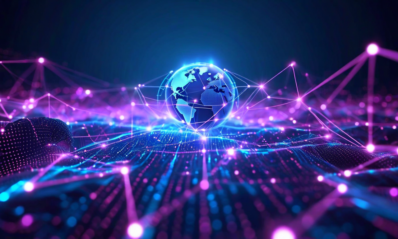 LiveKitとOpenAIのパートナーシップを表現する未来的なビジュアル。ユーザーとAIアシスタント間のリアルタイム音声通信を示す発光するニューラルネットワークノード、クラウドインフラストラクチャを通じたデータストリーム、グローバルネットワーク接続ポイントを備えた地球儀が描かれている。青紫色とシアンの配色で、双方向通信フローを表現している。