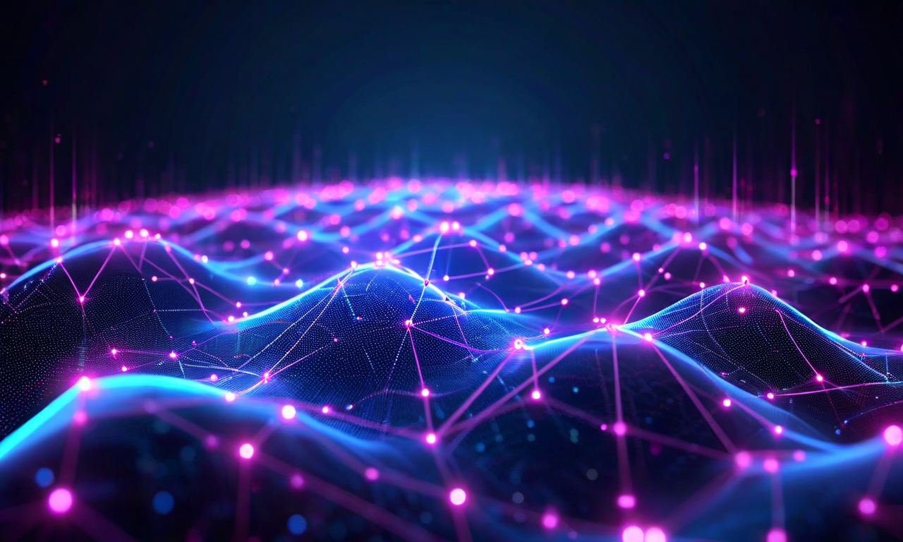 Isometric illustration of a glowing network infrastructure with sound waves and data streams flowing through interconnected nodes, representing real-time voice and video communication technology