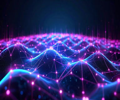 Isometric illustration of a glowing network infrastructure with sound waves and data streams flowing through interconnected nodes, representing real-time voice and video communication technology