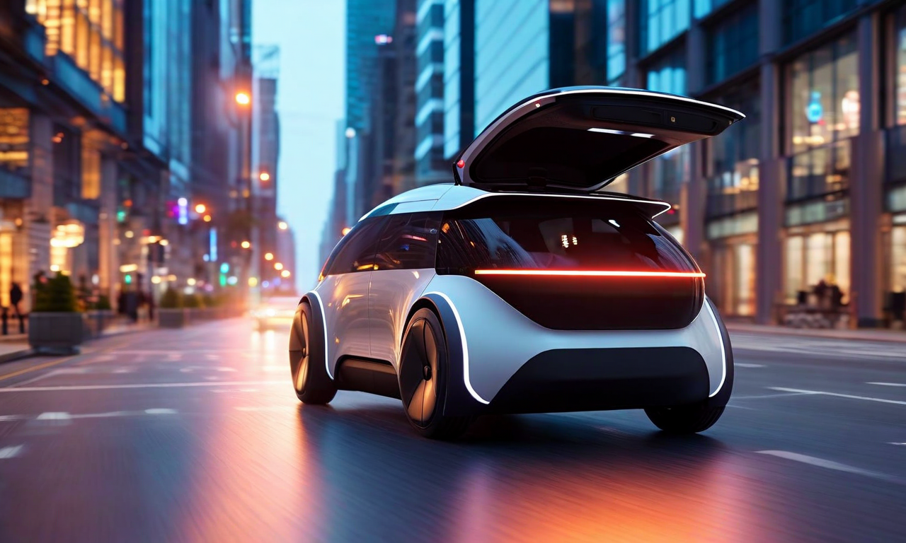 An autonomous vehicle with an open trunk driving on a city street at dusk, with luggage appearing to fall behind it, illustrating a mechanical failure in self-driving technology