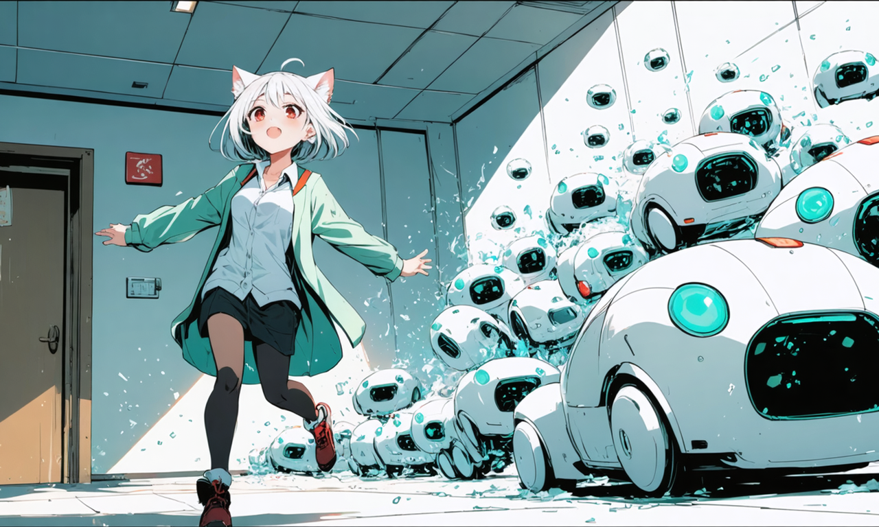 テーブルの上の小さな自動運転タクシーと、箱いっぱいに積み上がった同じ形の車を見て目を丸くする店員、そして車を一台ずつ運び込む配送トラストのイラスト。