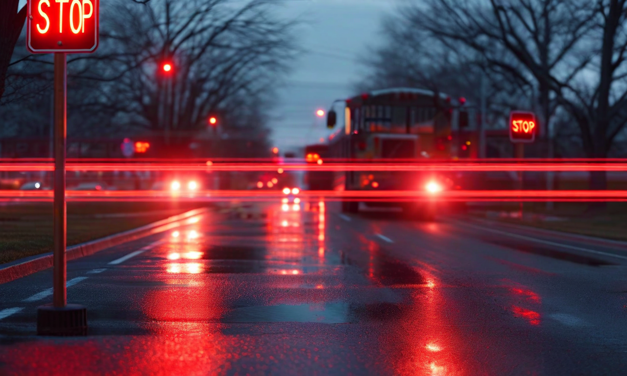 学校バスの停止信号(赤色点灯ライトとSTOP標識)が、異なる照明条件下での認識の複雑さを表現した画像。昼間の強い日差し、曇りの天候、薄暮時の低照度、夜間の人工照明など、複数の環境条件下での同じ信号が並列表示されており、各条件下での視覚的な変化、グレア、反射、大気干渉による検出の難しさが強調されている。