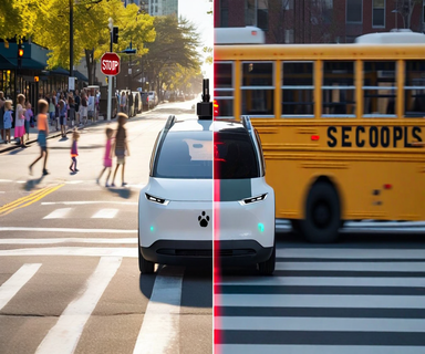 Split-screen image showing a Waymo autonomous vehicle approaching a stopped school bus with extended stop sign and flashing lights, illustrating the regulatory investigation into autonomous vehicle compliance with school bus safety laws