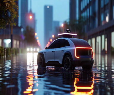 An autonomous vehicle with sensor equipment stopped before a flooded city street, illustrating the challenge of detecting water-covered roadways in urban environments
