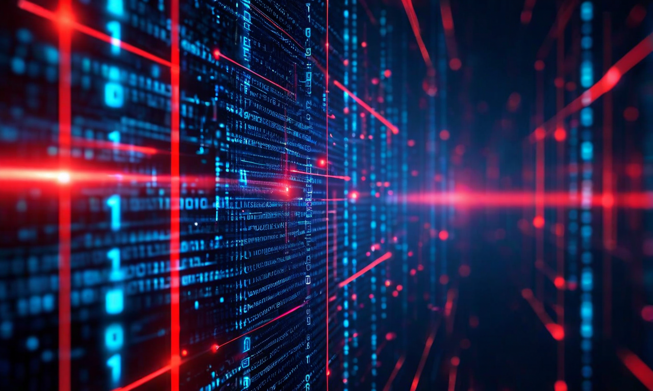 Abstract visualization of binary code and hexadecimal patterns with hidden red pathways representing backdoors, overlaid with blue scanning beams symbolizing AI-assisted security analysis