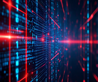 Abstract visualization of binary code and hexadecimal patterns with hidden red pathways representing backdoors, overlaid with blue scanning beams symbolizing AI-assisted security analysis