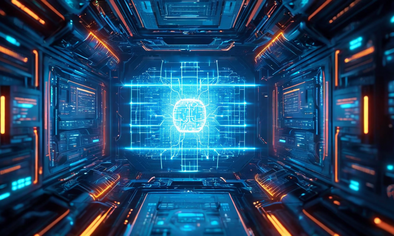 AIが中核エンジンとして機能し、VR/ARが補助的な表示層として機能するハイブリッドアーキテクチャの概念図。中央の青く光るAIコアから、データフローが外側へ流れ、その周囲にVRヘッドセットとAR要素が表示層として配置されている未来的なビジュアル。