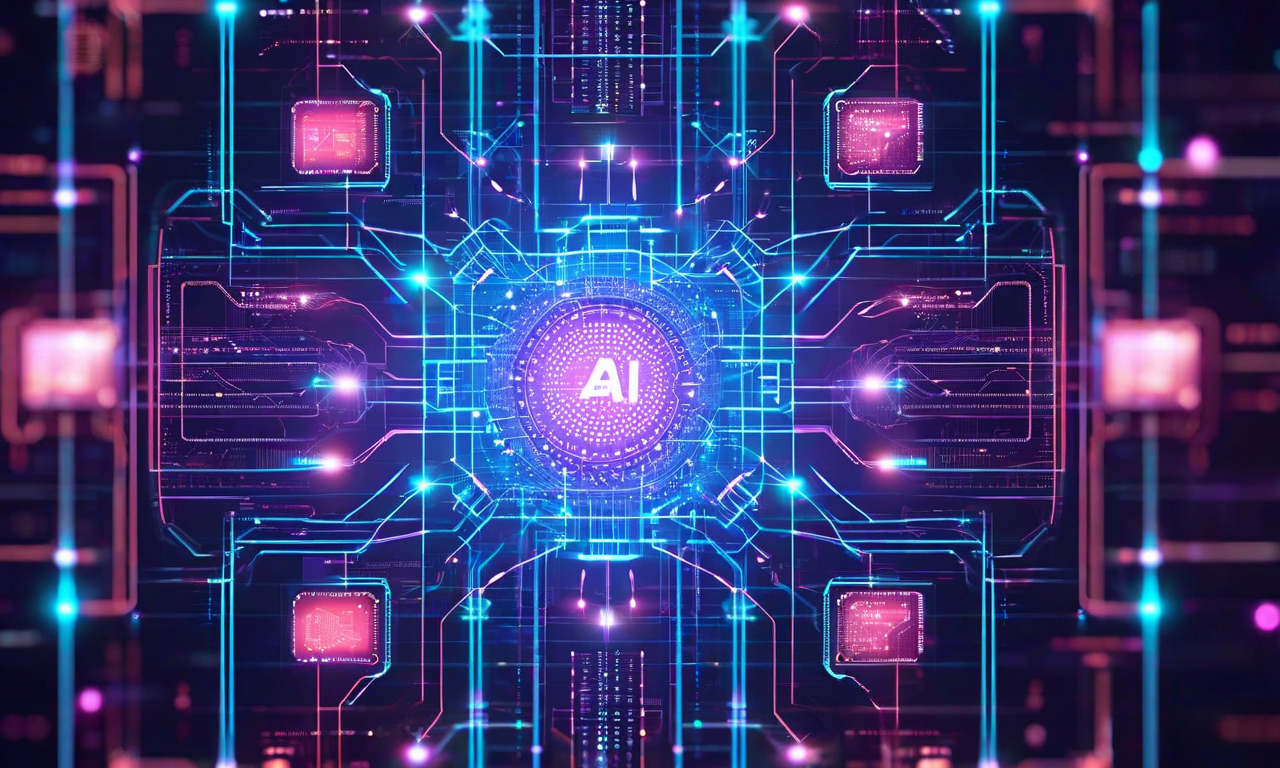 新興アーキテクチャの概念図。中央にAIの知的エンジンが配置され、その周囲を空間コンピューティングのオーケストレーション層が取り囲んでいる。複数の相互接続されたノードと発光するデータフローが、AIと空間コンピューティングの統合システムを視覚化している。