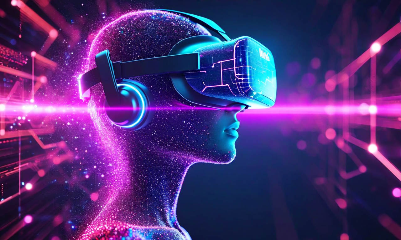 Split composition showing a fading VR headset and virtual world elements on the left contrasted with bright, glowing AI neural networks and data streams on the right, illustrating the shift from metaverse to artificial intelligence technology