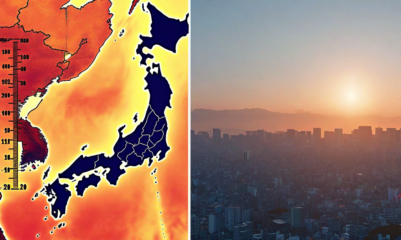 Split composition showing a heat map of Western Japan with temperature gradients in red and orange, alongside a Japanese cityscape with visible heat haze, illustrating record-breaking July 2023 temperatures