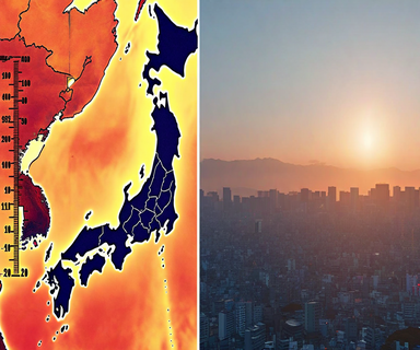 Split composition showing a heat map of Western Japan with temperature gradients in red and orange, alongside a Japanese cityscape with visible heat haze, illustrating record-breaking July 2023 temperatures