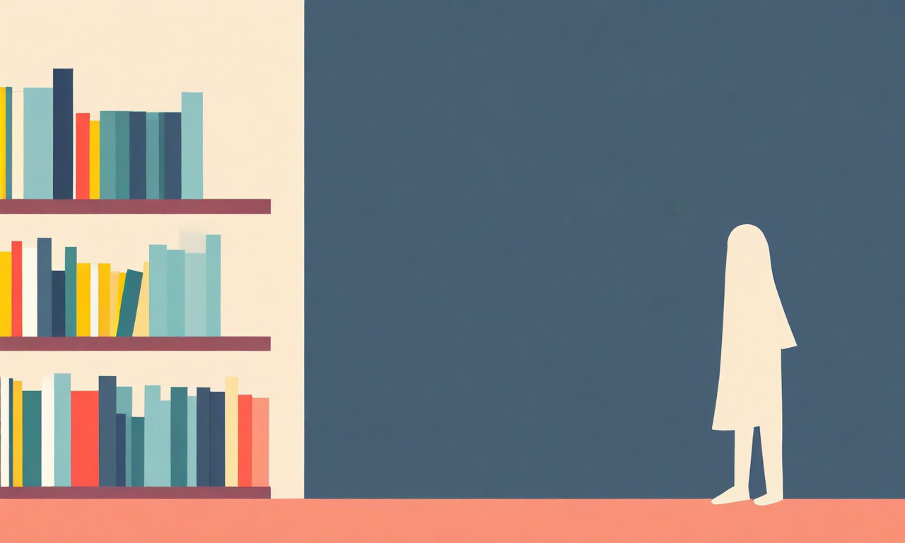 図書館の本棚が左から右へ徐々に薄れていく様子を表現したイラスト。左側には色鮮やかで充実した本が並び、右へ進むにつれて本が透明になり、やがて輪郭だけになり、最後は空白となる。小さな人物が不安そうな表情で本棚の前に立ち、消えていく本に手を伸ばしている。個々の記録の消失が集合的な歴史認識にいかに影響するかを視覚的に表現している。