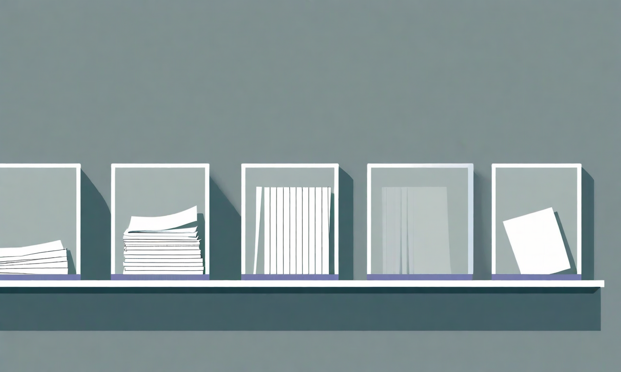 5つの透明なガラスボックスが棚の上に並んでいる。左から右へ進むにつれて、各ボックス内の書類が段階的に減少していく様子を表現。最初のボックスは満杯だが、最後のボックスはほぼ空になっている。異なる方向から複数の手が静かに書類を取り出しており、時間とともに記録が散逸していくプロセスを象徴している。