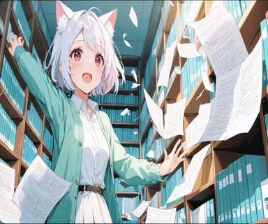 書類フォルダたちが本棚から散り散りに出ていき、残された一冊が戸惑っている図書室の様子と、巻き込まれて慌てるネコさんのイラスト。