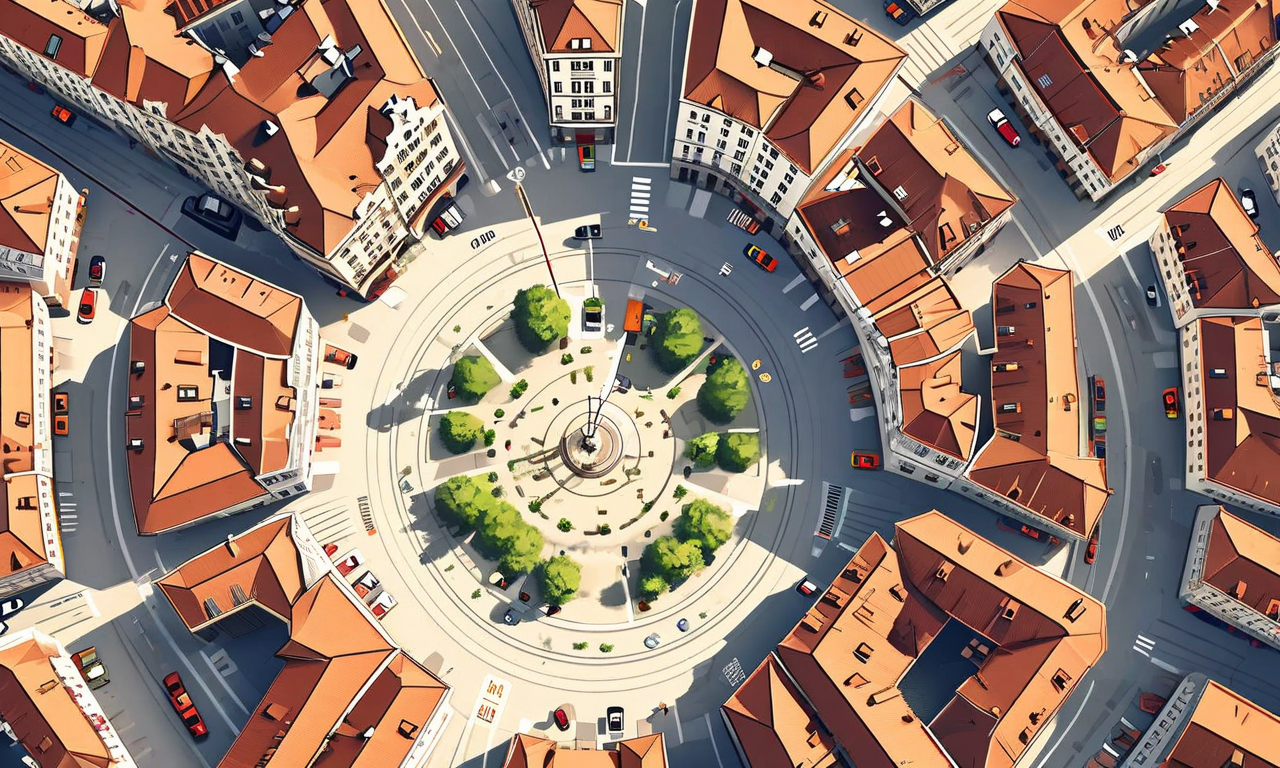 Aerial view of a compact European city neighborhood with a circular overlay indicating a 10-minute walking radius, showing dense street networks and various urban services within walking distance
