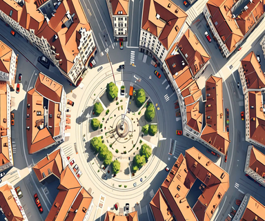 Aerial view of a compact European city neighborhood with a circular overlay indicating a 10-minute walking radius, showing dense street networks and various urban services within walking distance