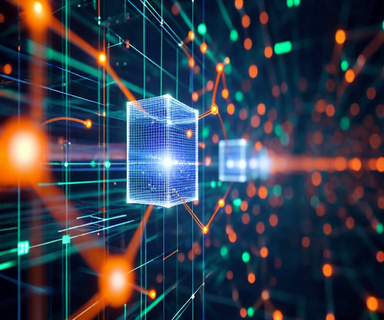 Three transparent blocks of decreasing size representing neural network quantization, showing the compression from 32-bit to lower precision formats with glowing node connections in blue, orange, and green against a dark background