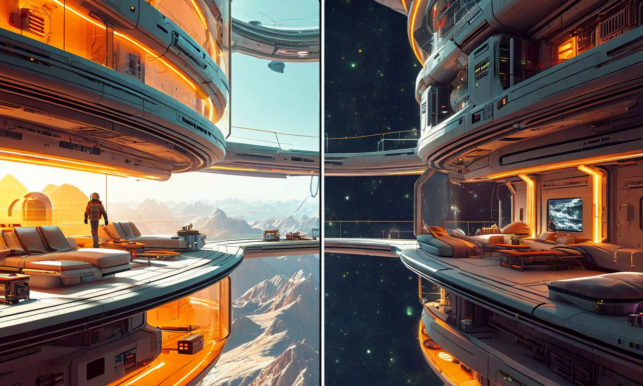 宇宙定住地の階級分化を表現した分割画面イラスト。左側はエリート技術者の快適な高級居住区と最新技術、右側は低賃金労働者の狭く質素な労働区画を対比。建築的な高さの差、透明な隔壁、環境品質の格差を通じて、労働搾取と人間の尊厳の喪失を象徴的に表現。