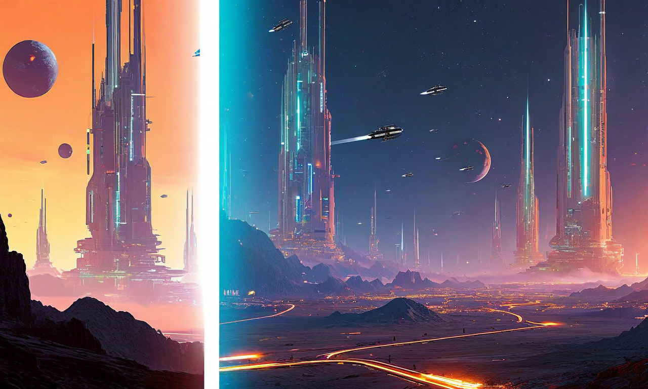 宇宙定住の神話化と地球の現実を対比させた抽象的ビジュアル。左側は輝く未来的な宇宙居住地と上昇する宇宙船を明るく楽観的に描写し、右側は環境破壊と生態系の崩壊を暗く緊迫した色調で表現。中央には心理的逃避メカニズムを示唆する透明なバリアが存在し、周囲には複数の選択肢や分岐する道が示唆されており、宇宙進出が必然的運命ではなく複数の選択肢の一つであることを視覚化している。