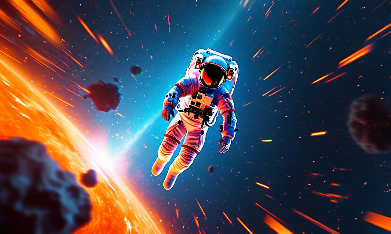 宇宙ステーション近くで浮遊する宇宙飛行士が、極限の温度差(青とオレンジのエネルギー場)、放射線(発光する粒子の流れ)、マイクロメテオライトの衝撃(明るい筋状の軌跡)に囲まれている。宇宙の過酷な環境に対する人間の脆弱性を強調した構図。