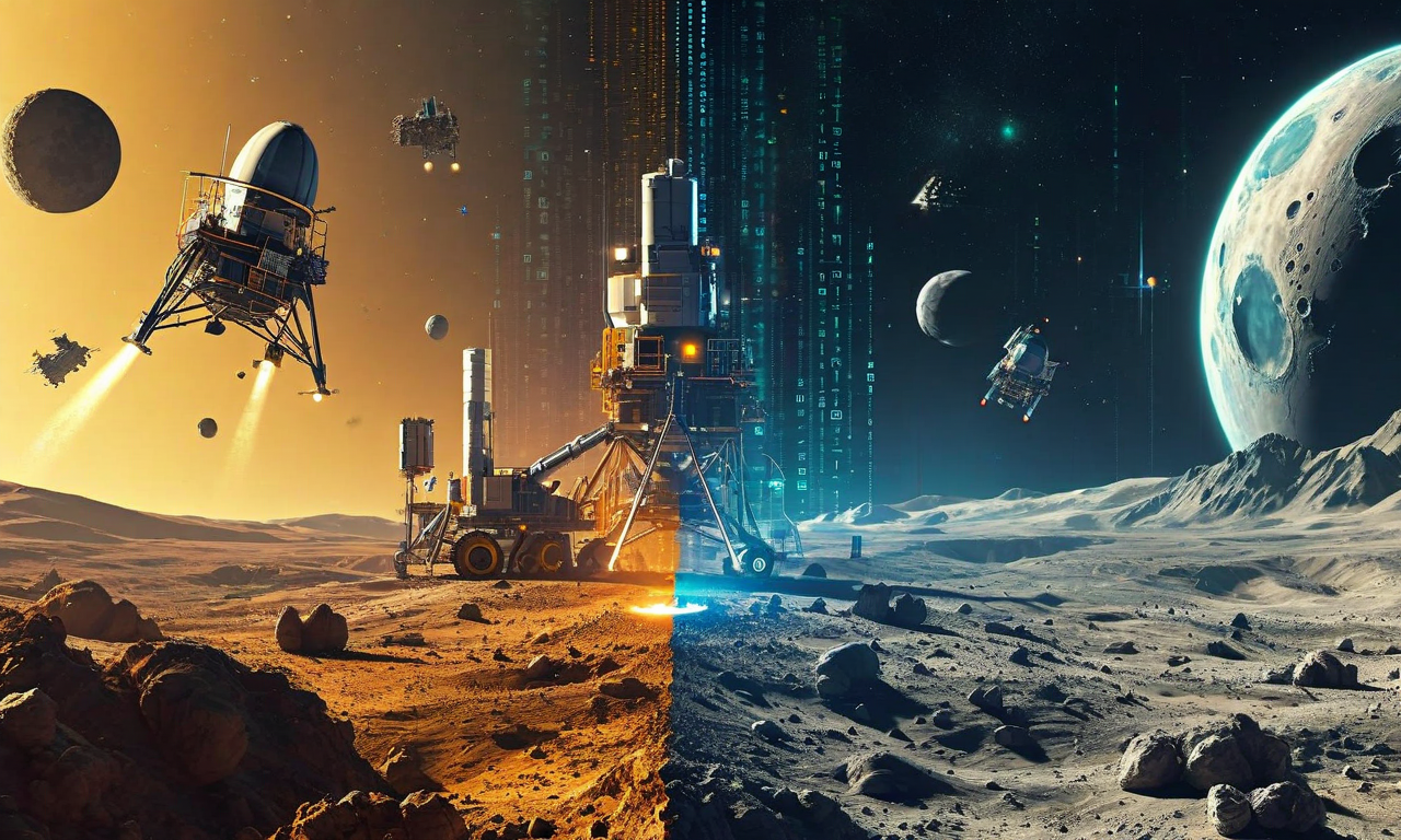 宇宙資源採掘による富の不平等を表現した二分割イメージ。左側は民間企業による小惑星採掘と月面資源採取の高度な採掘施設を示し、右側は発展途上国が資源採掘から排除され、デジタルデバイドによって分断されている状況を描いている。中央には企業への富の集中を示す上昇する矢印と、発展途上国への限定的な利益を示す遮断された下降フローが対比されている。