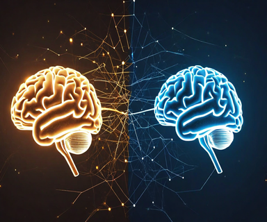 Split illustration comparing biological learning and AI processing: a human brain with dynamic, glowing neural connections on the left contrasts with a rigid, geometric AI network structure on the right, highlighting the fundamental difference between adaptive learning and fixed pattern matching