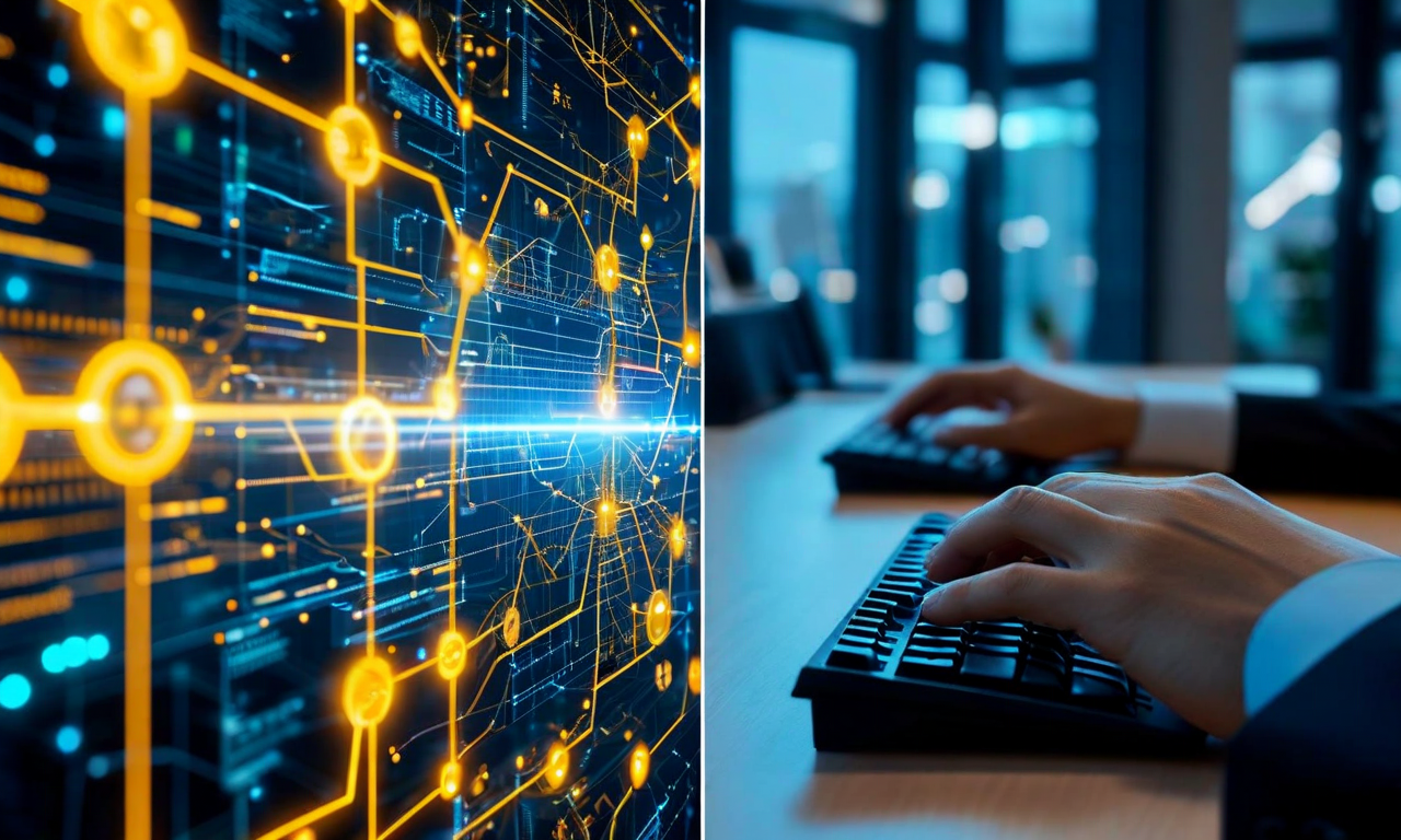 Split composition contrasting executive and individual contributor perspectives on AI adoption: executives viewing AI as organizational optimization from above, while individual contributors see AI automation as an uncertain presence in their daily work