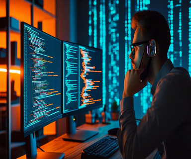 A developer reviewing AI-generated code on dual monitors, with one screen showing flowing code with AI elements and the other displaying code under scrutiny with a magnifying glass, illustrating the cognitive labor of verification and oversight