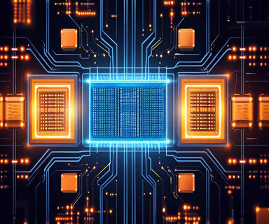 Technical illustration of a processor chip showing two types of cores: smaller efficiency cores in blue light handling background tasks, and larger performance cores in amber light handling intensive operations, connected by circuit pathways on a dark silicon background