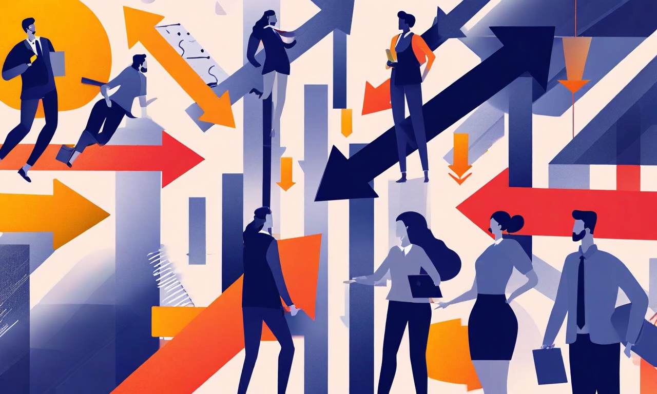 複数のステークホルダーが異なる方向に引っ張るプロジェクトを示す組織的ボトルネックの概念図。不明確な決定権構造を表す曖昧な権限ラインと、リソース不足を表す狭まる通路が描かれており、技術的努力では解決不可能な構造的問題を視覚化している。