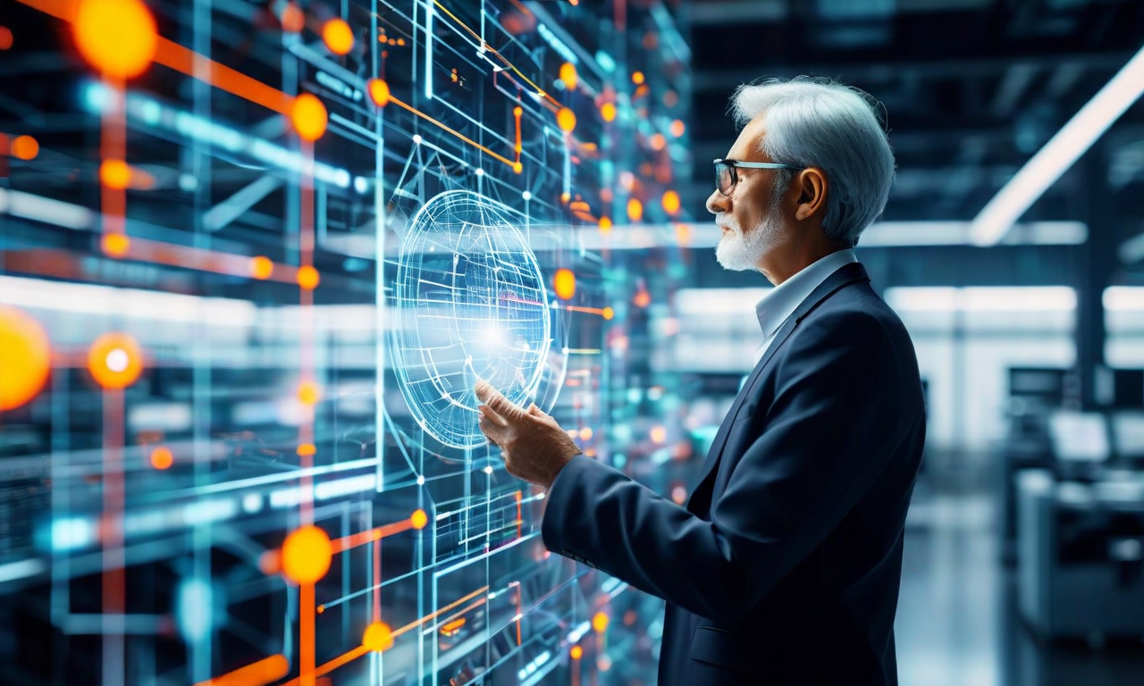 シニアエンジニアが複雑に絡み合った組織的課題を冷静に分析している場面。エンジニアは透明な分析レンズを持ち、周囲には相互に接続された問題のネットワーク、データフロー、幾何学的パターンが視覚化されている。技術的救済ではなく、問題の認識と可視化に焦点を当てた構図。