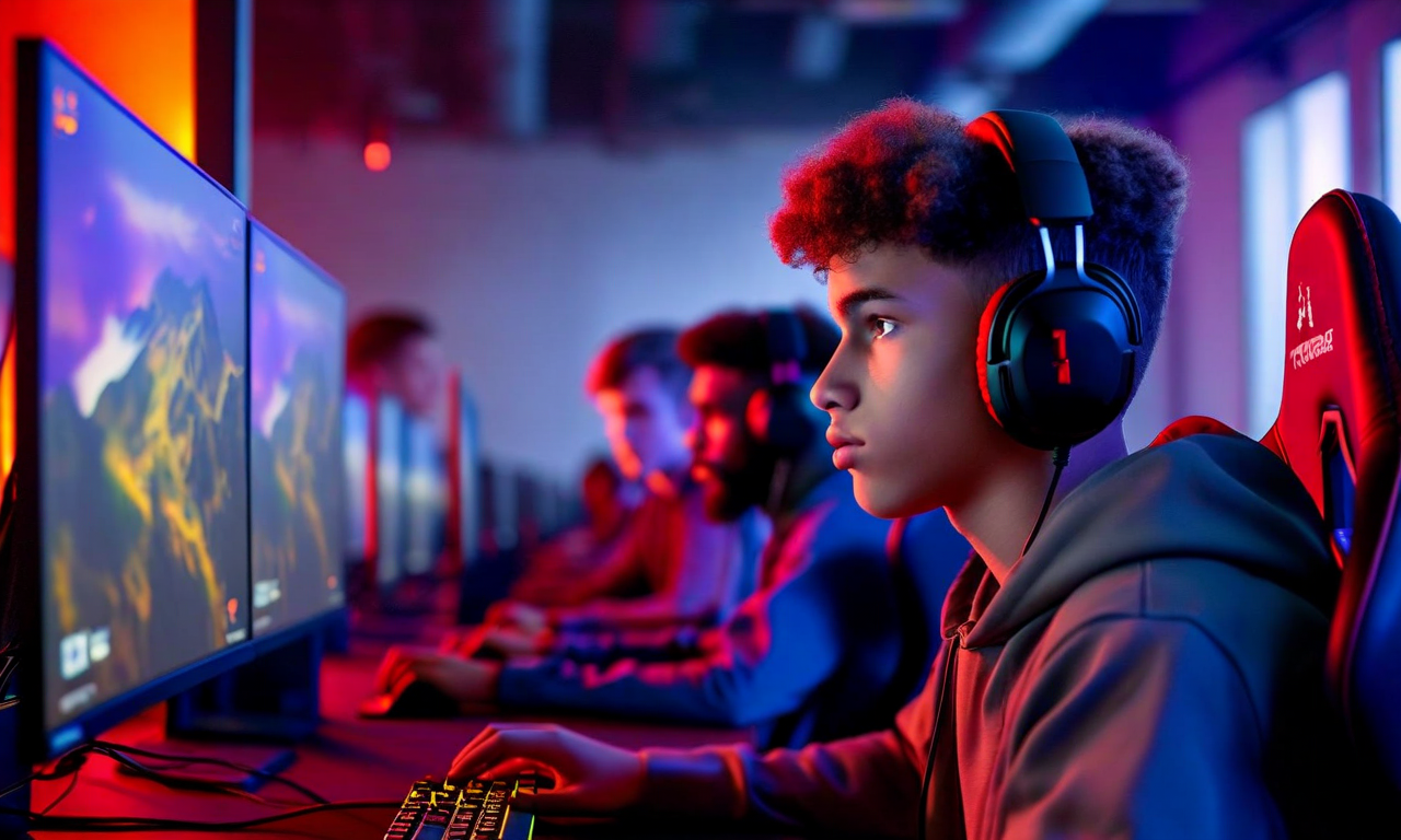 University students in a professional esports gaming facility, with a focused gamer at a multi-monitor setup in the foreground and teammates collaborating at gaming stations in a modern campus environment