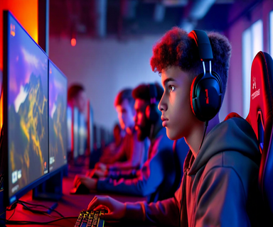 University students in a professional esports gaming facility, with a focused gamer at a multi-monitor setup in the foreground and teammates collaborating at gaming stations in a modern campus environment