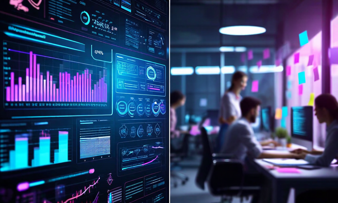 Split-screen image contrasting idealized AI performance metrics and holographic interfaces on the left with real-world office workers collaborating in a complex workplace environment on the right, illustrating the gap between AI capability claims and actual deployment realities